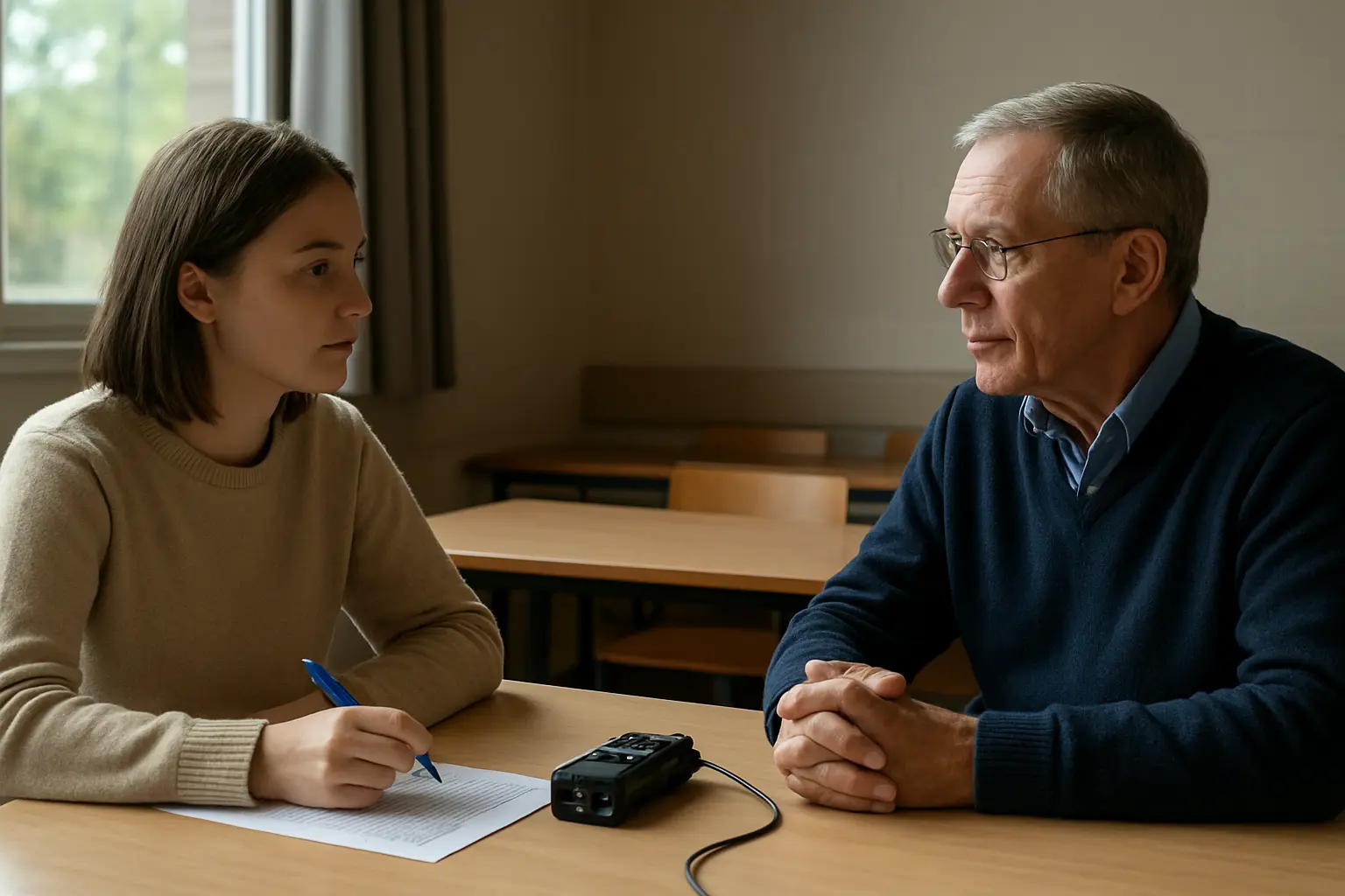 Estudiante realizando una entrevista grabada con un participante en un aula de la facultad