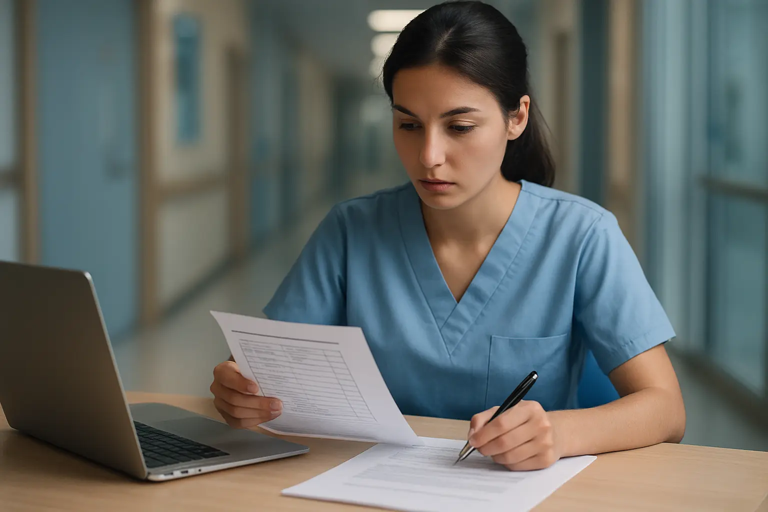 Estudiante de Enfermería escribiendo el título de su tesina con la escala impresa sobre la mesa