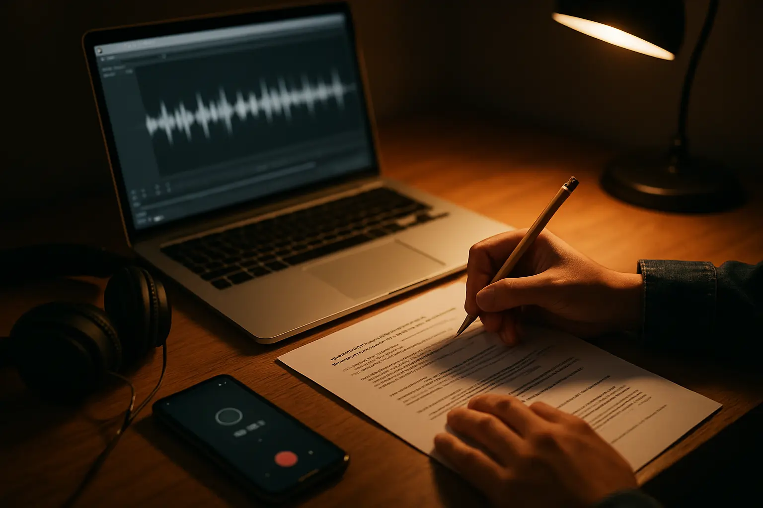 Auriculares, grabador y notebook con un editor de audio abierto para transcribir entrevistas de tesina