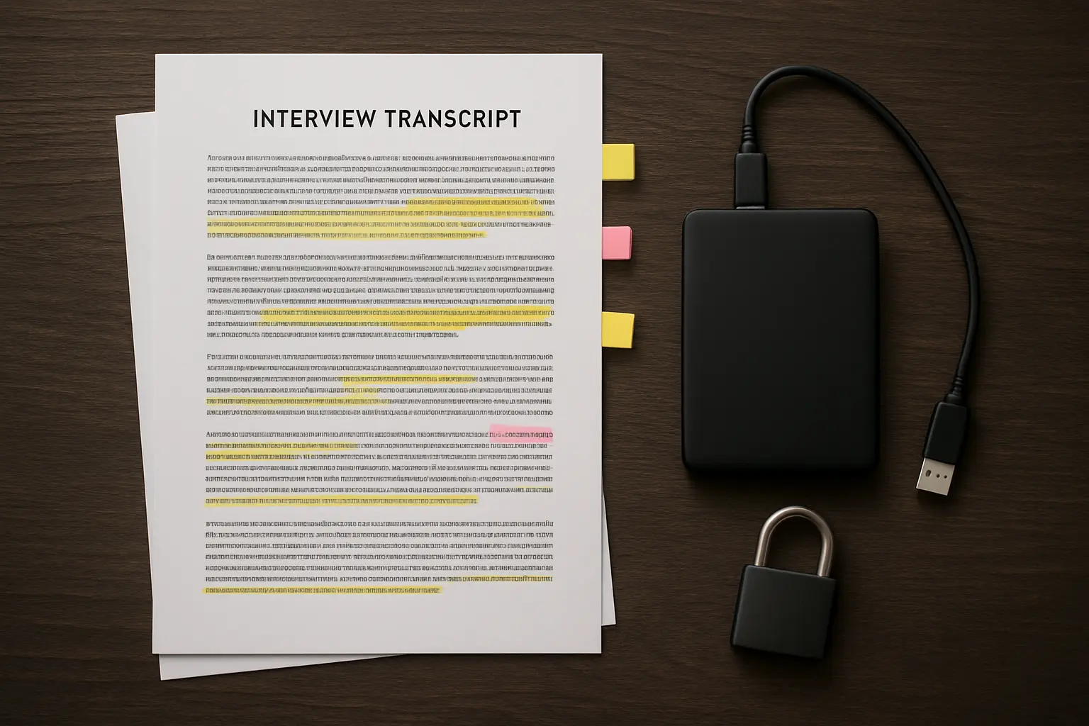 Transcripciones impresas con marcas de color junto a un disco externo, ilustrando el resguardo confidencial de los audios