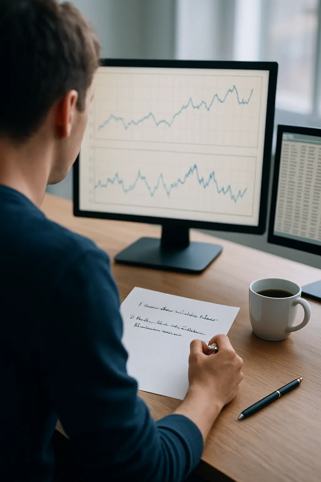 Estudiante de Economía comparando series de empleo e inflación del INDEC en pantalla para elegir el tema de su tesina