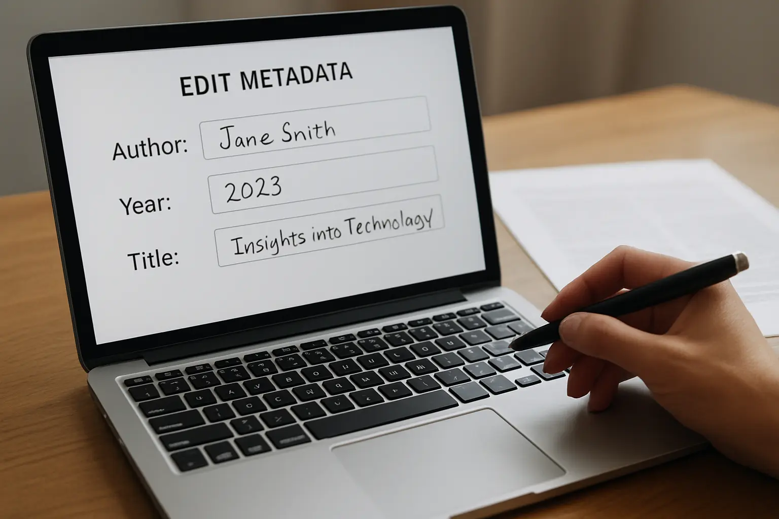 Panel de edición de metadatos con los campos de autor, año y título corregidos contra el artículo impreso