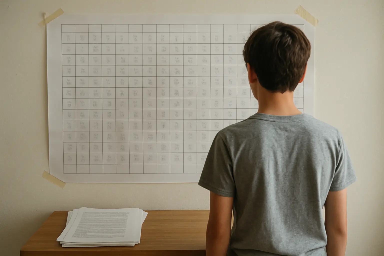 Grilla impresa pegada en la pared con filas y columnas completadas a mano, junto a una pila de artículos académicos