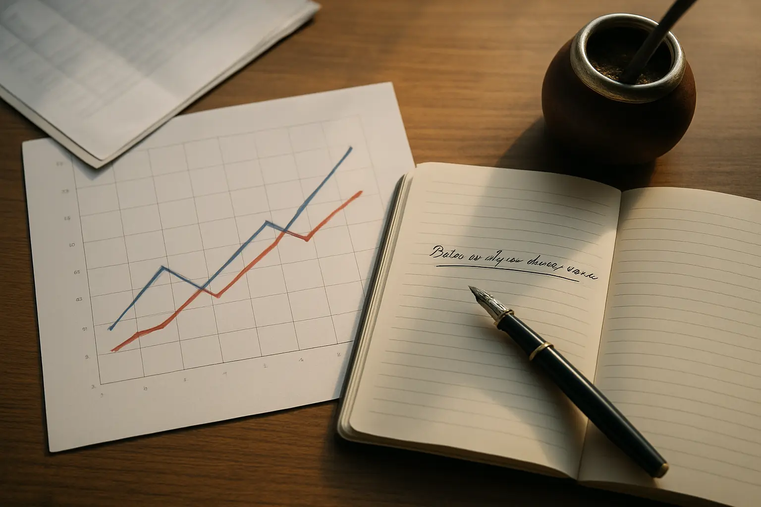 Gráfico de series de tiempo económicas impreso sobre un escritorio junto a un cuaderno con la pregunta de investigación