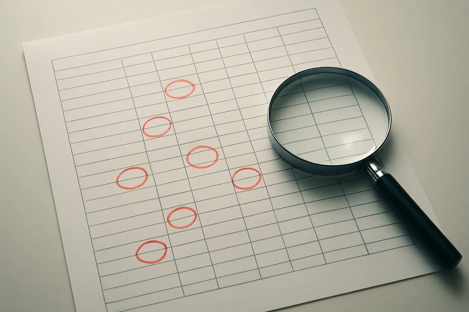 Tabla de datos impresa con celdas vacías señaladas en rojo