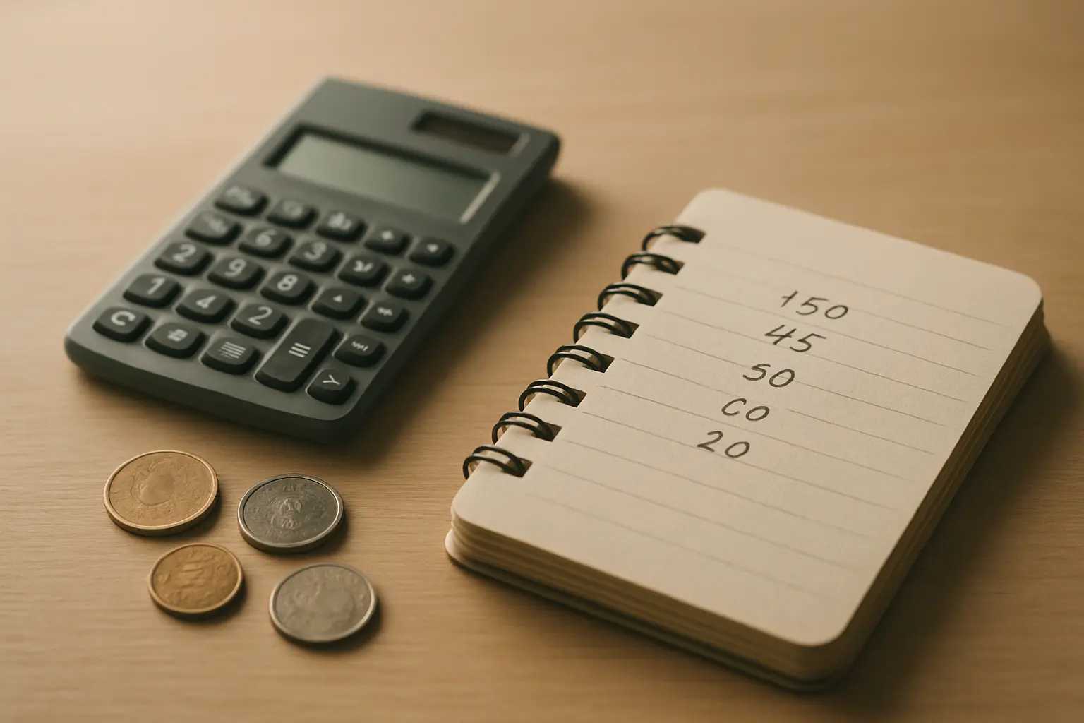 Calculadora y anotaciones de presupuesto sobre un escritorio