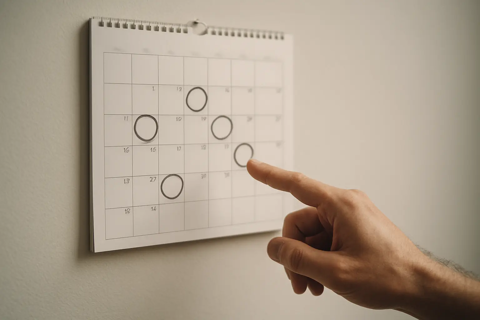 Calendario de pared con varias fechas de la convocatoria marcadas a lo largo de meses consecutivos