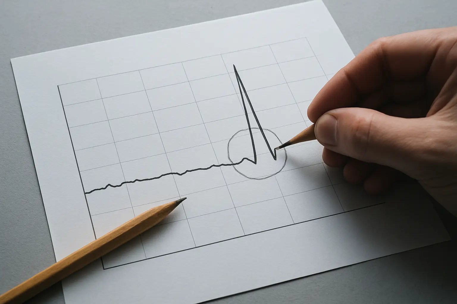 Gráfico impreso con un pico aislado marcado a lápiz, ejemplo de un salto que no es una tendencia