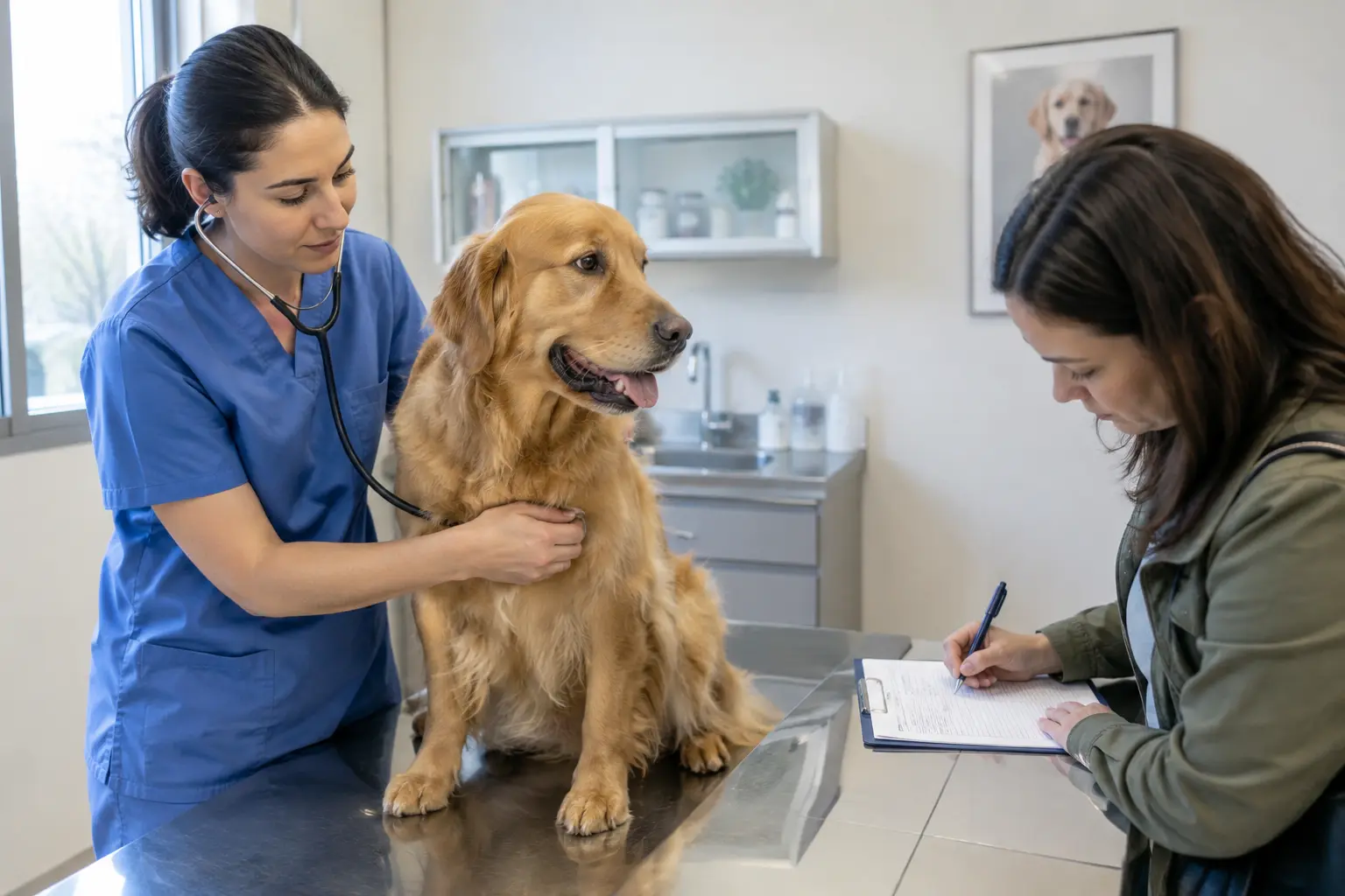 Veterinario examinando a un perro en una clínica mientras el dueño firma un formulario de consentimiento