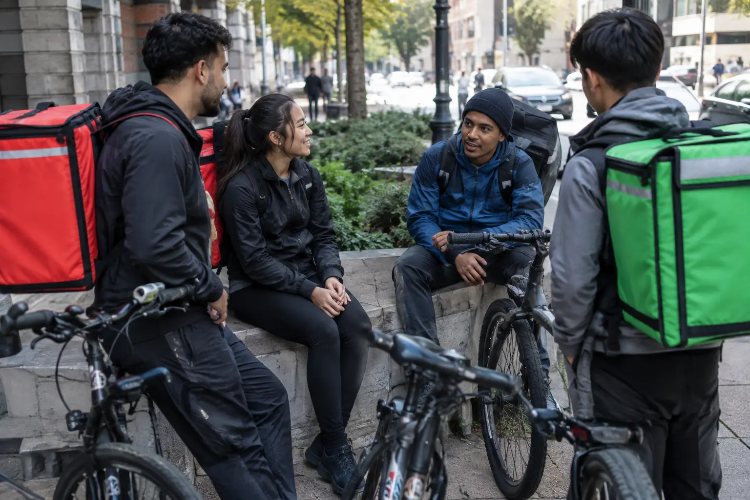 Grupo de repartidores de aplicaciones conversando junto a sus bicicletas durante una pausa