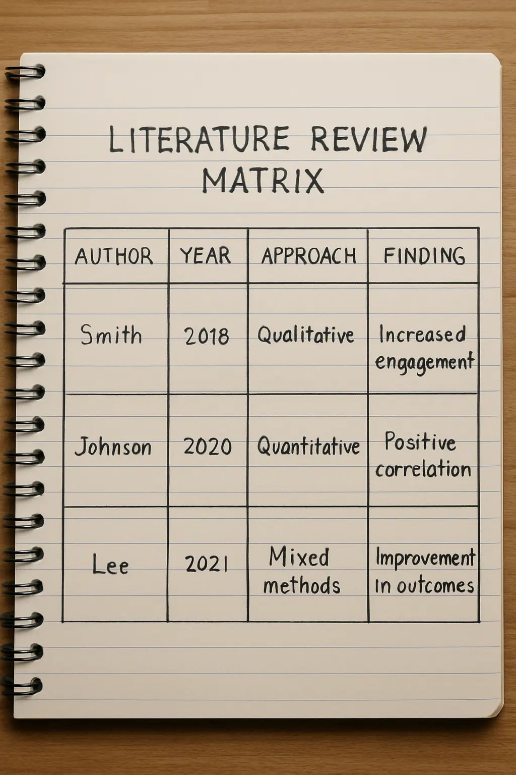 Matriz de literatura organizada por eje temático con columnas de autor, año, enfoque y hallazgo para una tesina de Trabajo Social