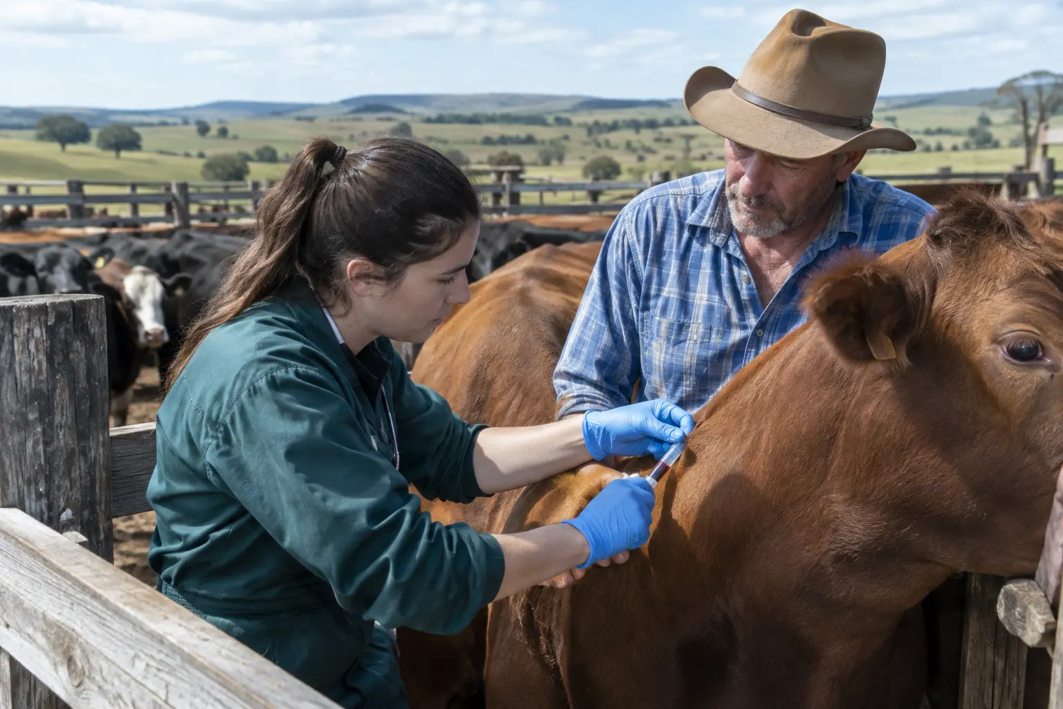Veterinario tomando una muestra a un animal en un establecimiento rural junto al productor