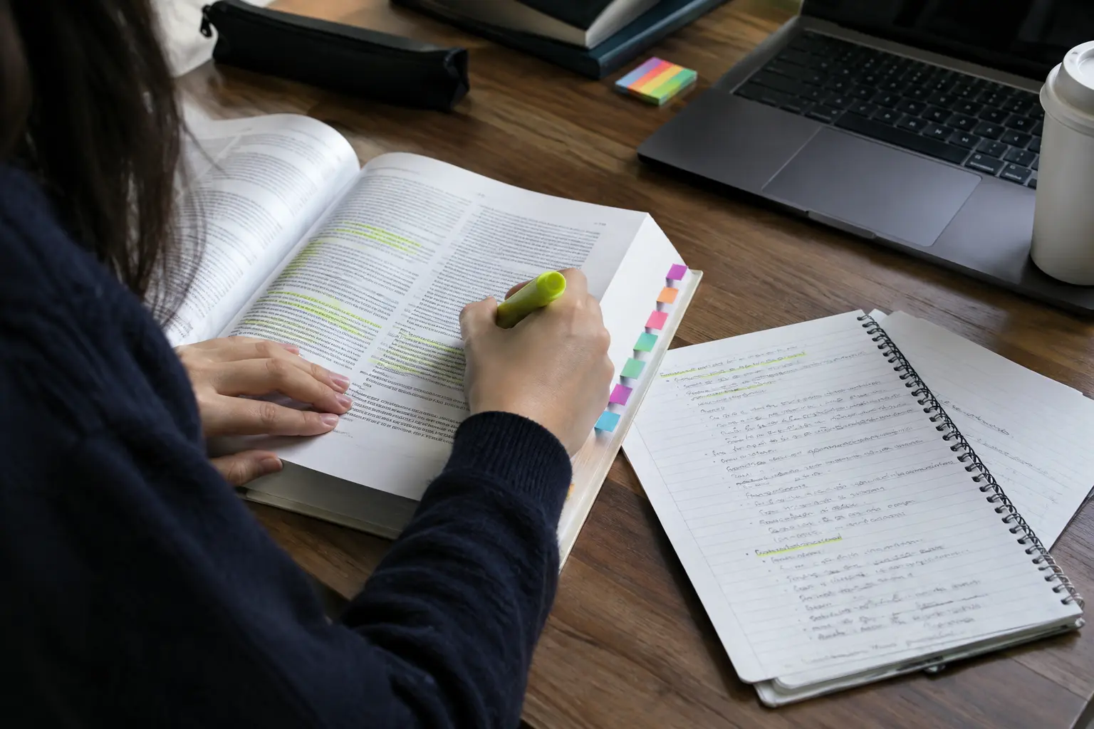 Estudiante de Derecho marcando con separadores de colores un código legal impreso