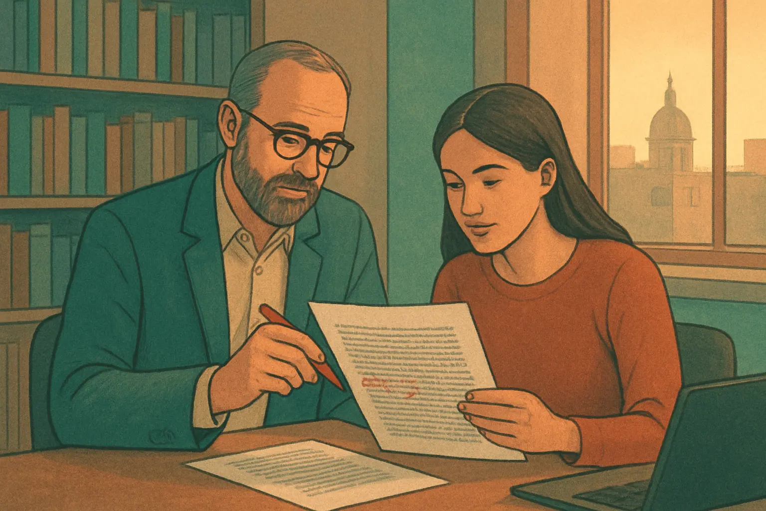 Director de tesina revisando con una estudiante el párrafo de delimitación del tema en el plan de tesis
