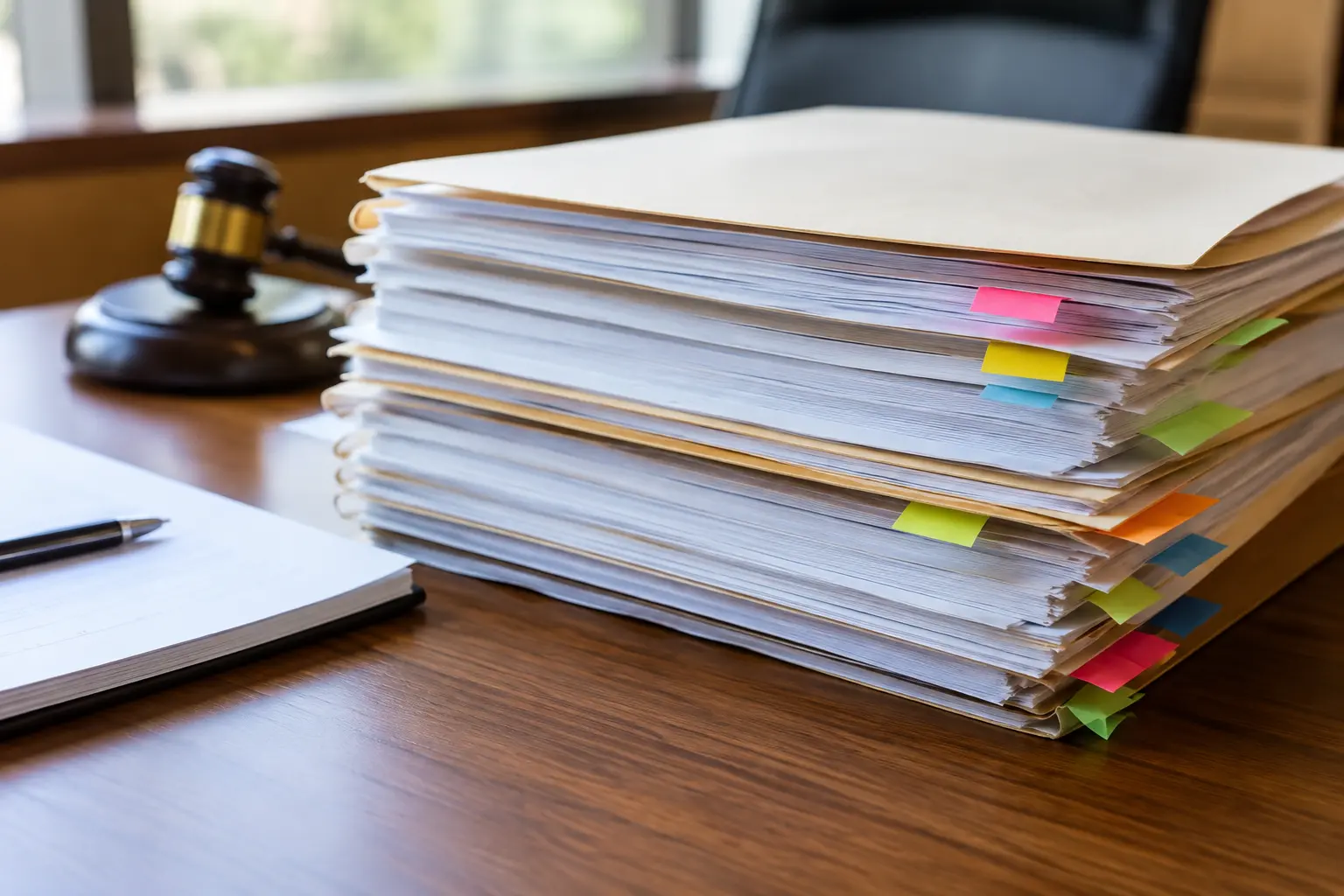 Pila de expedientes y fallos judiciales impresos con marcadores de colores sobre un escritorio