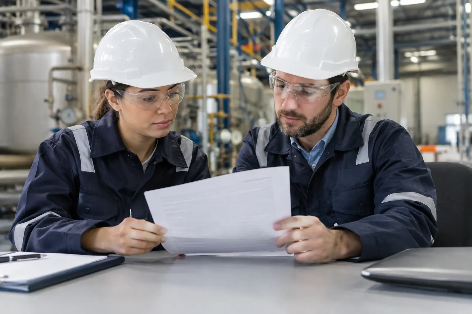 Ingenieros revisando un acuerdo de confidencialidad impreso dentro de una planta industrial