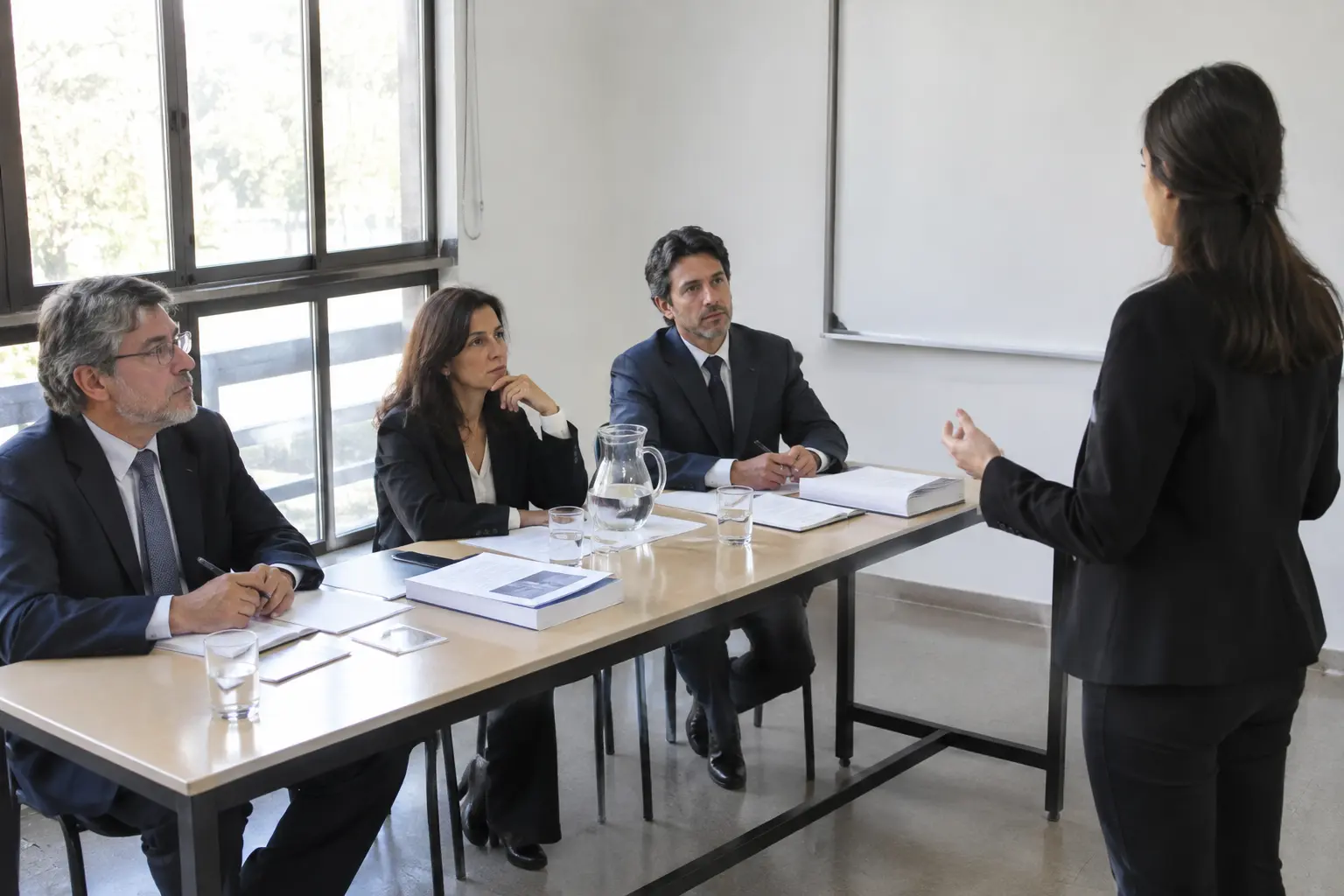 Mesa de jurado universitario evaluando una tesina de Abogacía durante una defensa