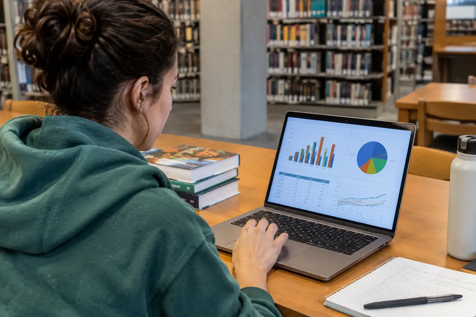 Estudiante de Nutrición analizando una tabla de datos nutricionales en una laptop