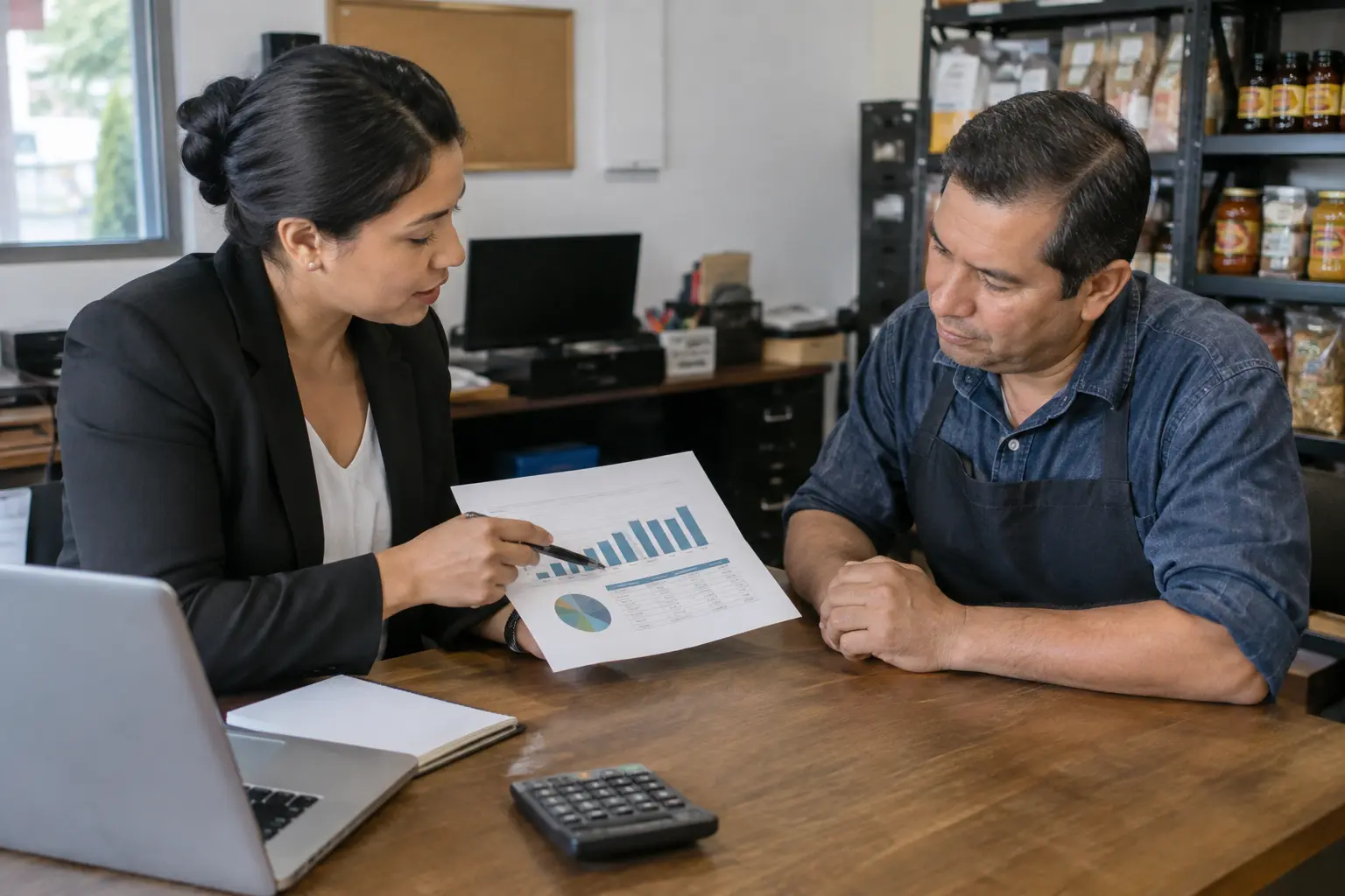 Contador mostrando un gráfico financiero impreso al dueño de un pequeño comercio