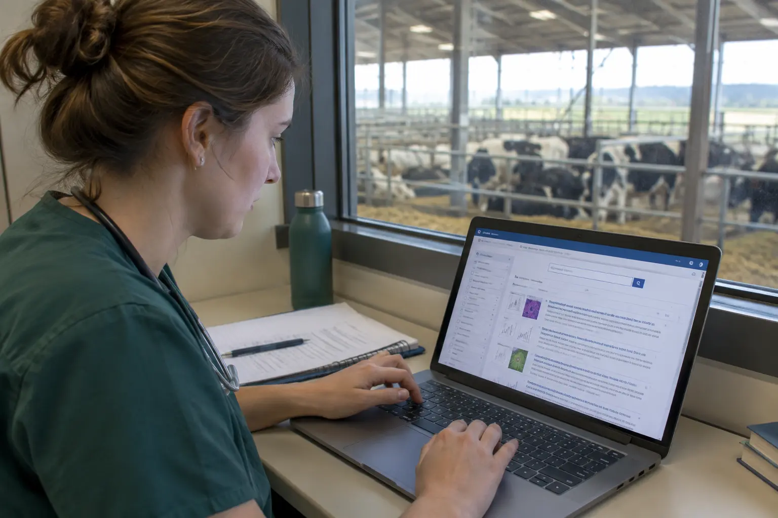 Estudiante de Ciencias Veterinarias buscando en una base de datos científica con un establecimiento rural de fondo
