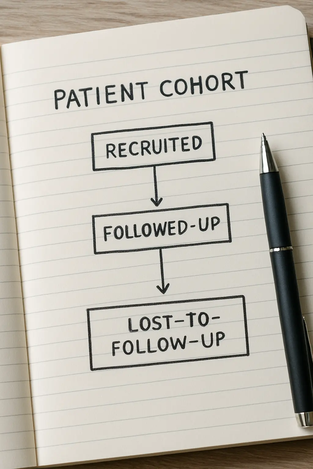 Gráfico simple en un cuaderno mostrando el flujo de pacientes de una cohorte con pérdidas de seguimiento marcadas