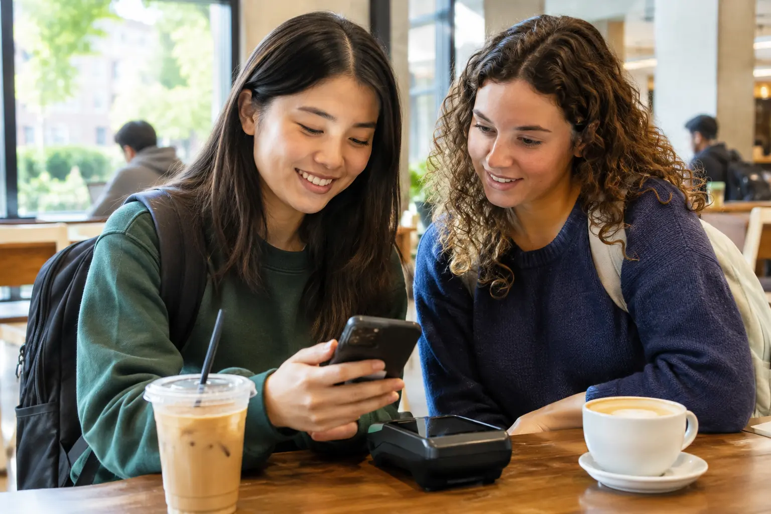 Estudiante universitario usando una app de pagos en su celular mientras otro observa