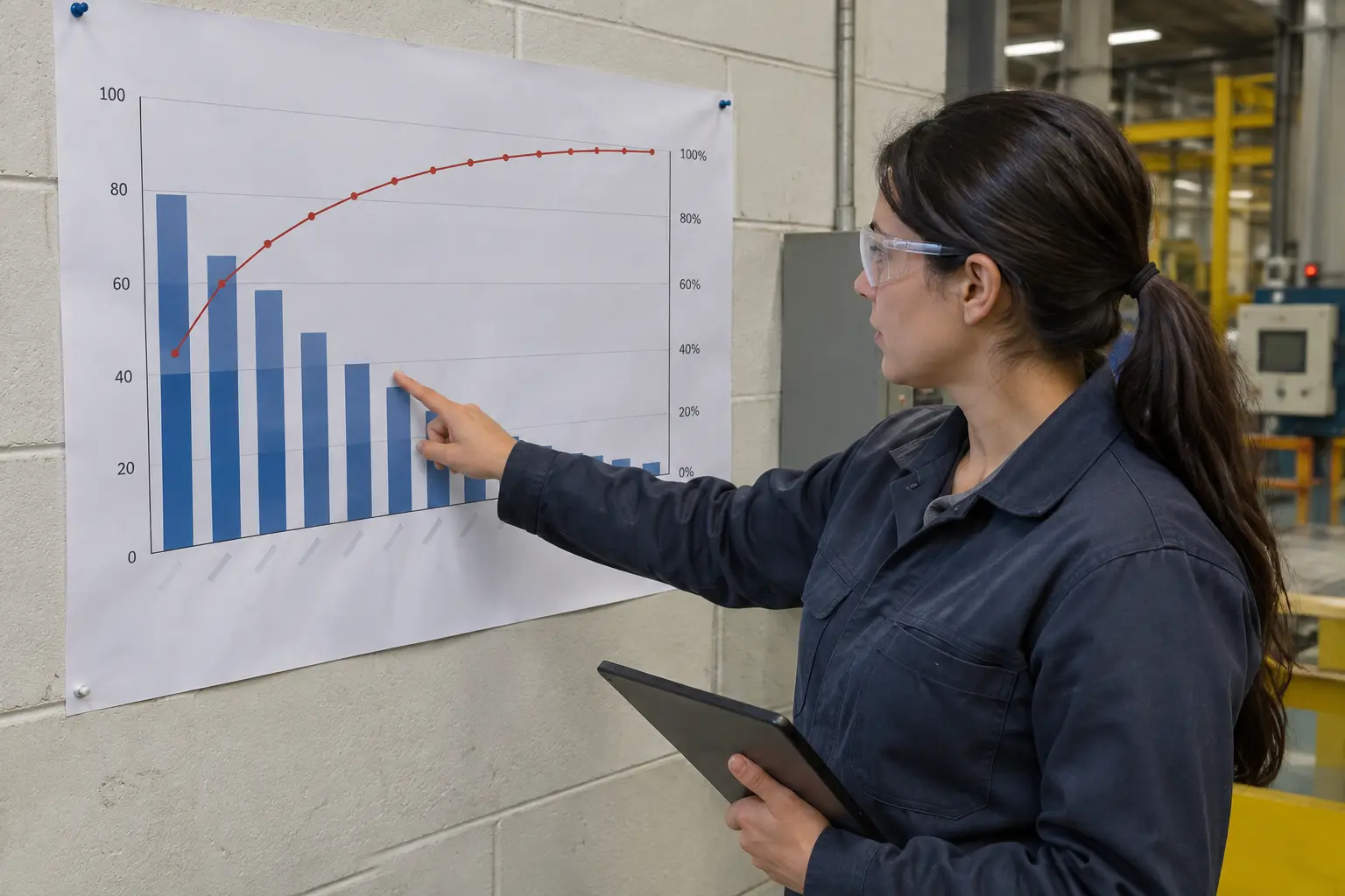 Ingeniero industrial señalando un diagrama de Pareto impreso en la pared de una planta