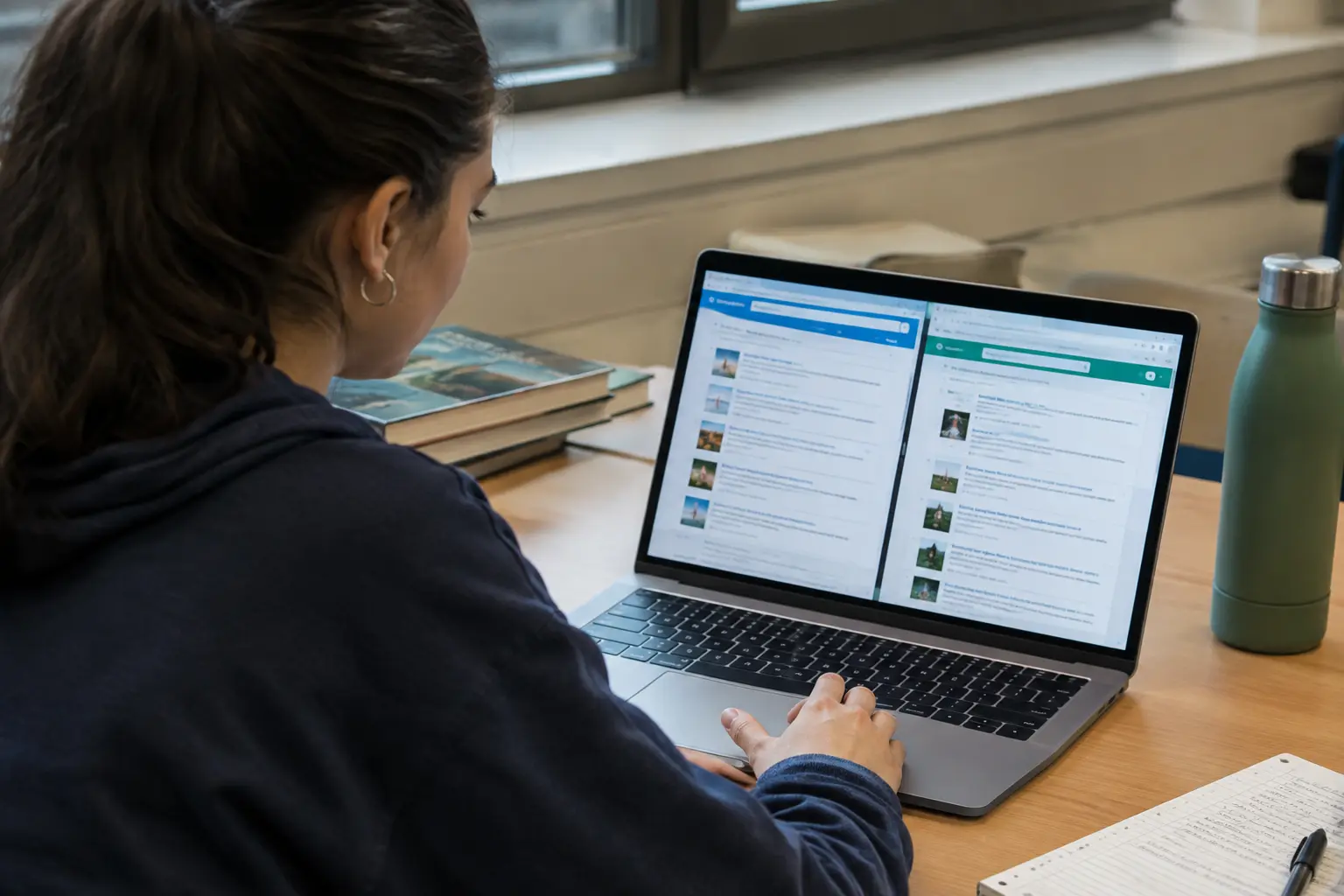 Estudiante de Turismo comparando resultados de búsqueda de dos bases de datos científicas en una laptop