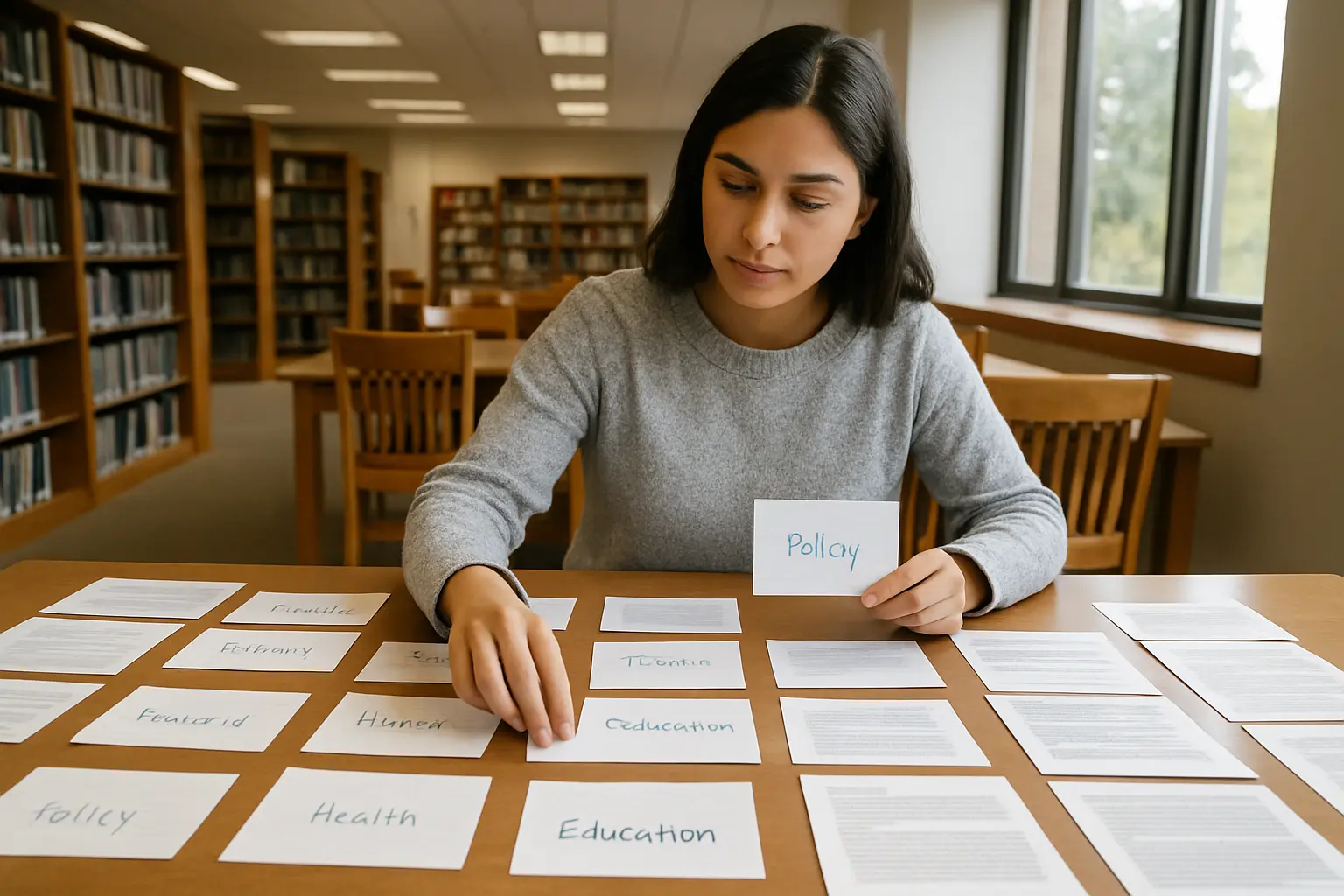 Estudiante de Trabajo Social organizando fichas de lectura por eje temático sobre una mesa para su estado del arte