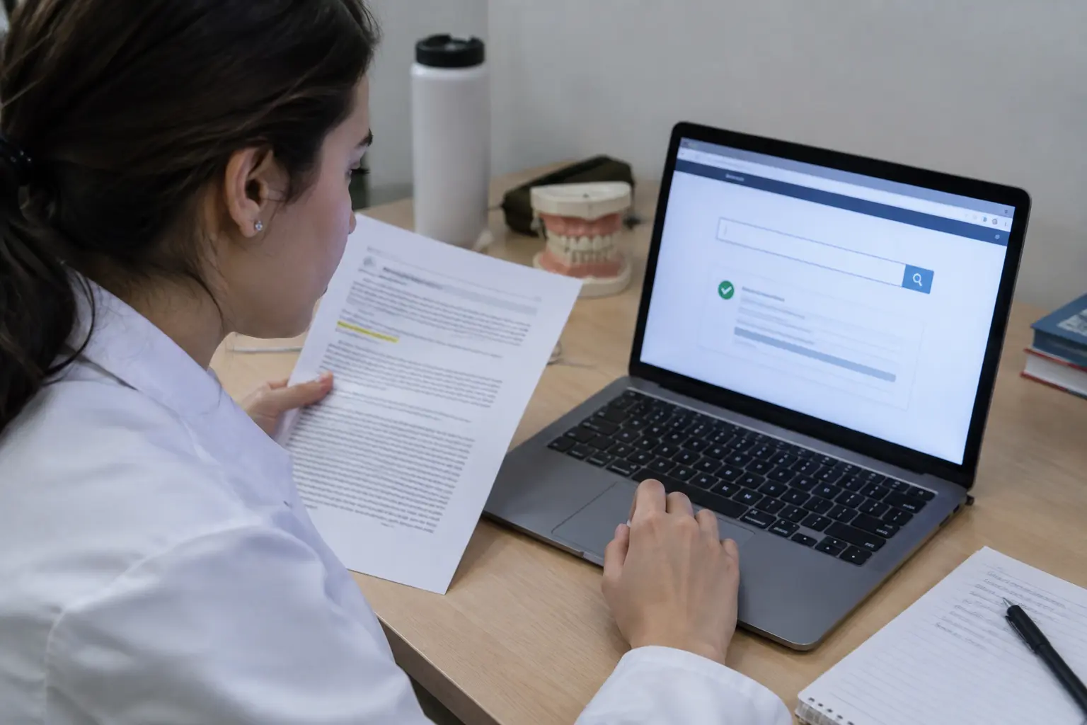 Estudiante de Odontología verificando el DOI de un artículo científico en una laptop