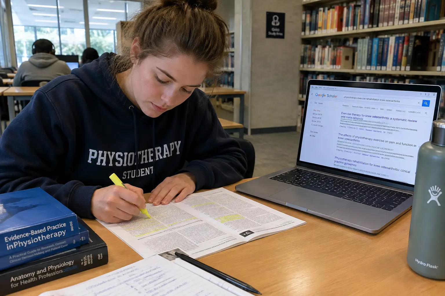 Estudiante de Kinesiología subrayando un artículo científico impreso junto a resultados de búsqueda en una laptop