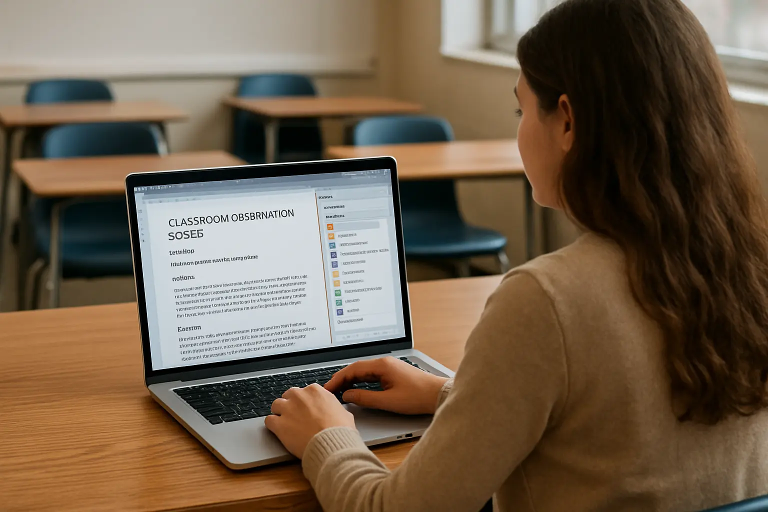 Estudiante de Ciencias de la Educación codificando notas de observación de aula en una pantalla con NVivo