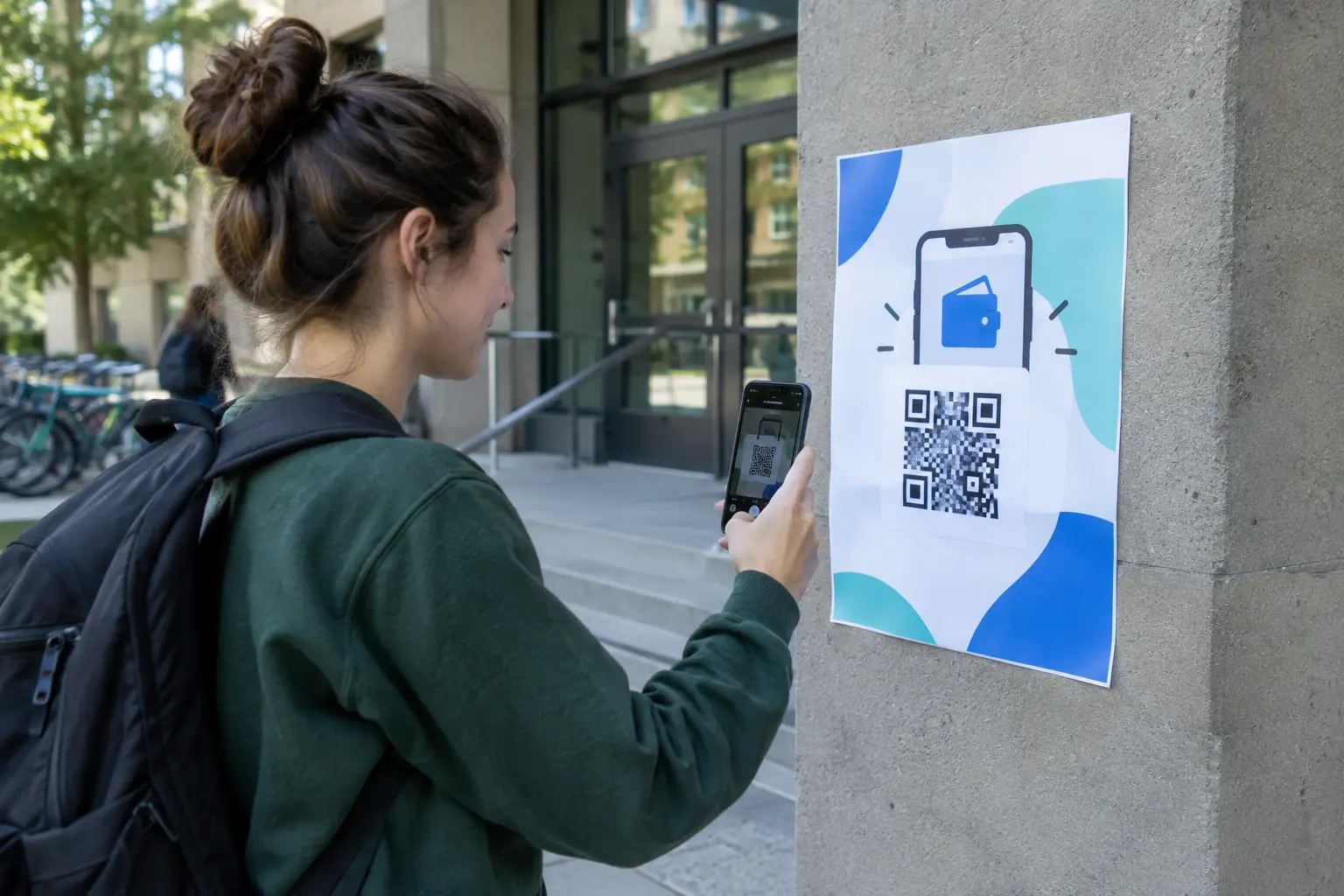 Estudiante universitario escaneando un código para probar una billetera virtual nueva