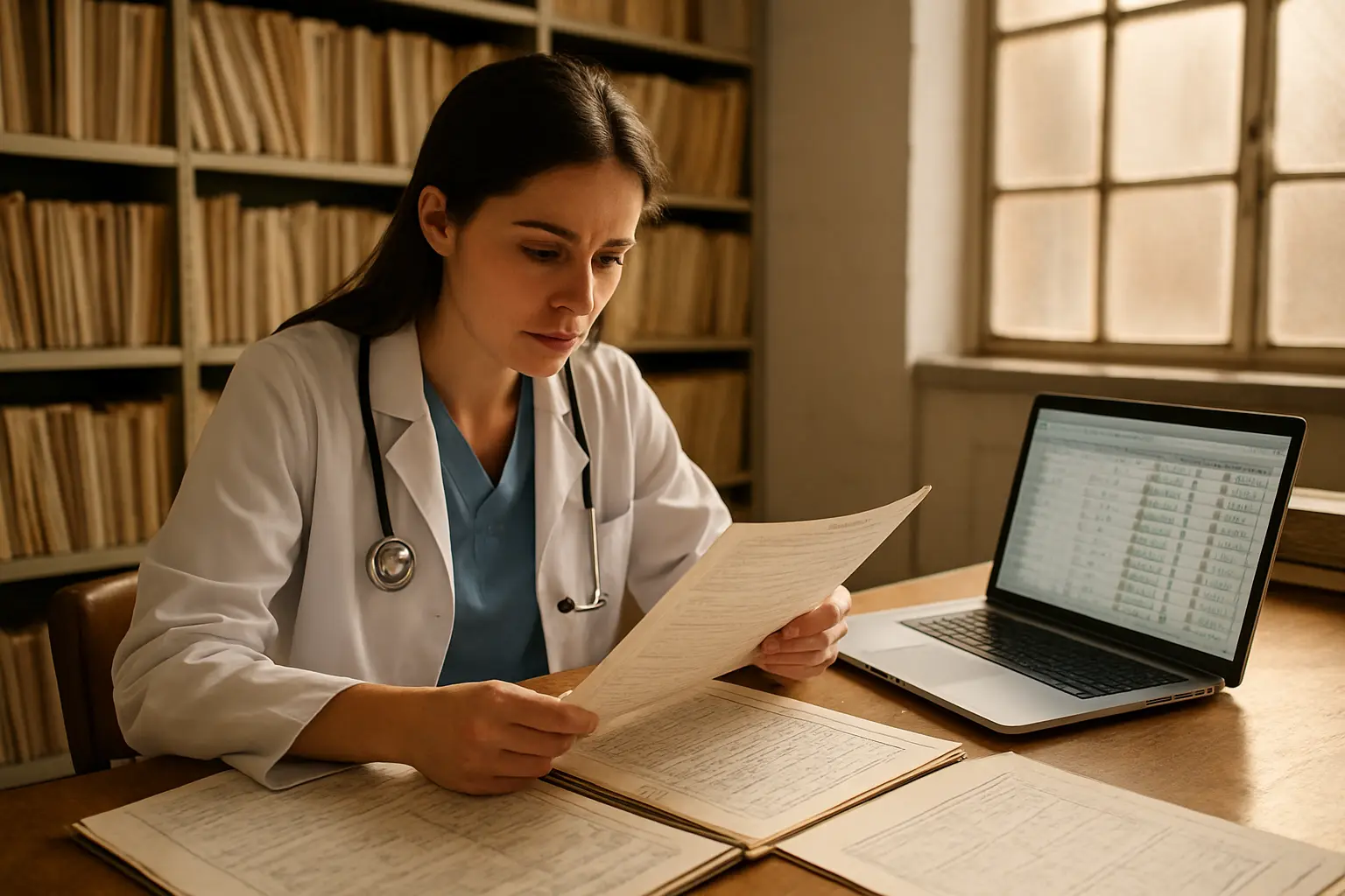 Estudiante de Medicina revisando historias clínicas de papel y una planilla de datos para su tesina retrospectiva