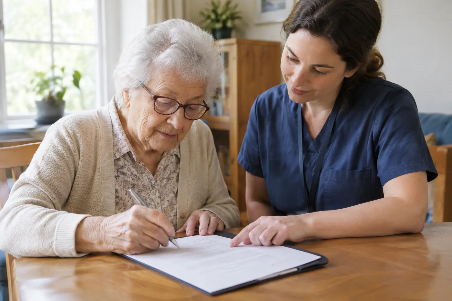 Adulto mayor firmando un formulario de consentimiento informado junto a un terapeuta ocupacional