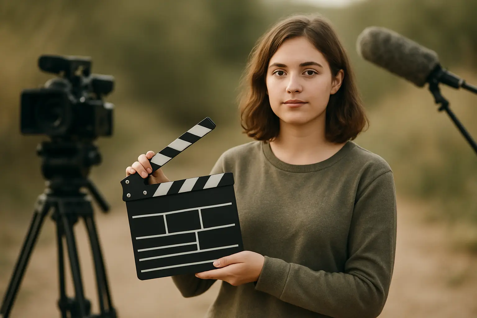 Estudiante de Comunicación sosteniendo una claqueta en el set de rodaje de su documental