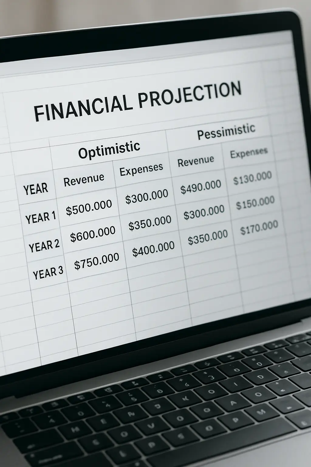 Planilla de cálculo con proyecciones financieras a tres años y un escenario optimista y pesimista para un plan de negocios académico
