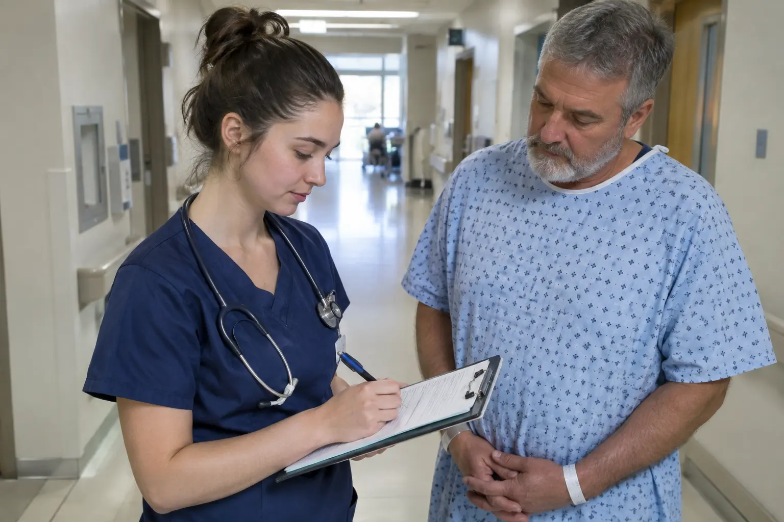 Estudiante de Enfermería completando un formulario de consentimiento informado con una paciente en un pasillo hospitalario