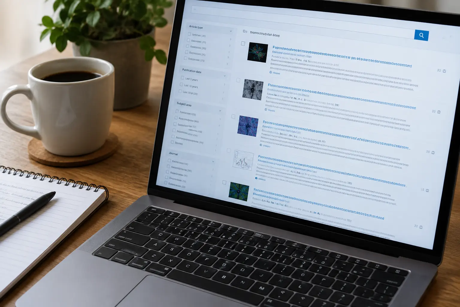 Pantalla de laptop mostrando resultados de búsqueda en una base de datos científica veterinaria