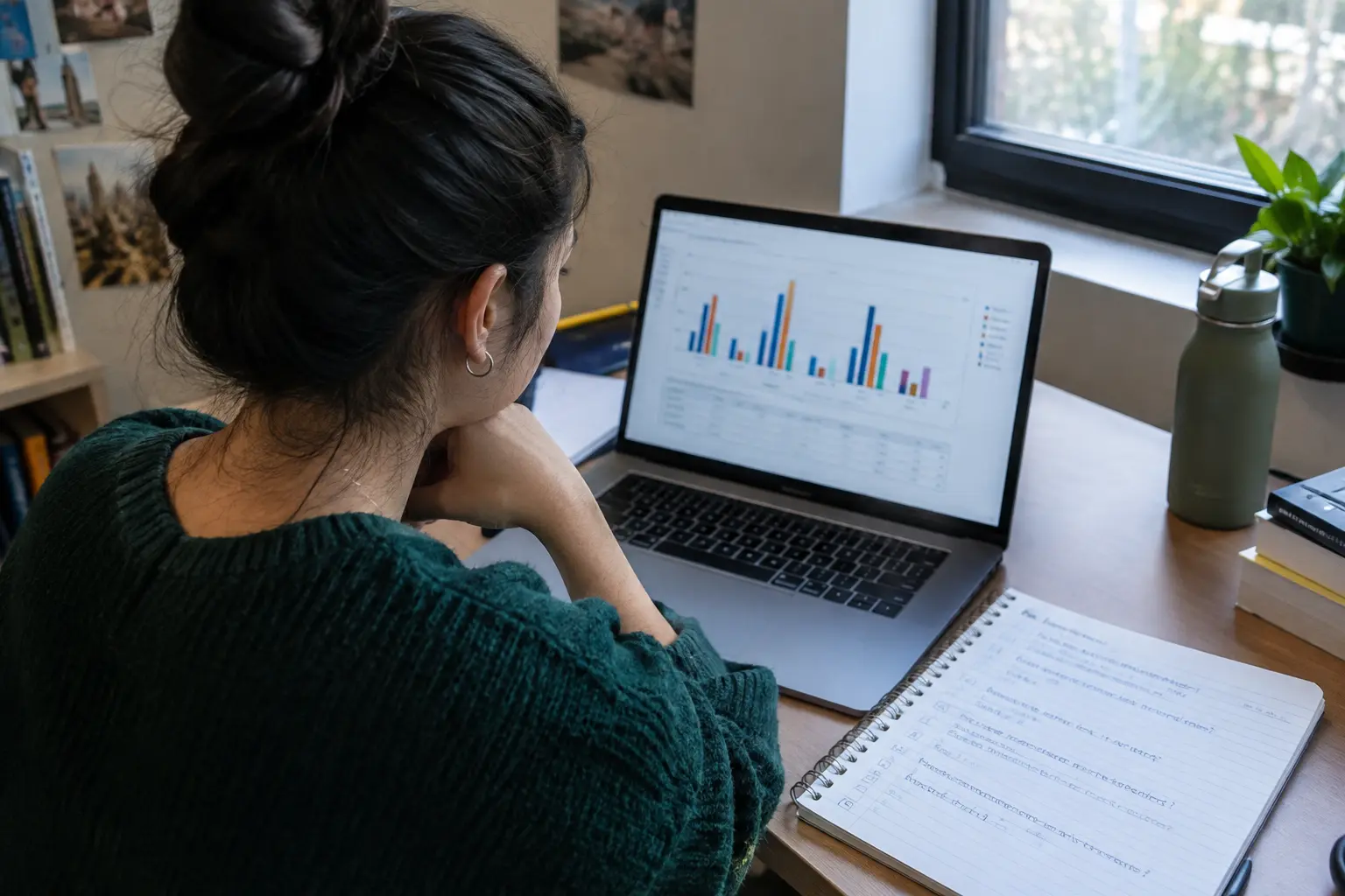 Estudiante de Sociología analizando un gráfico estadístico en una laptop junto a un cuaderno de preguntas