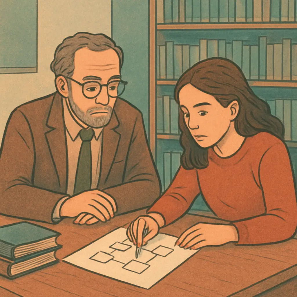 Director de tesis y estudiante revisando el esquema de conceptos del marco conceptual