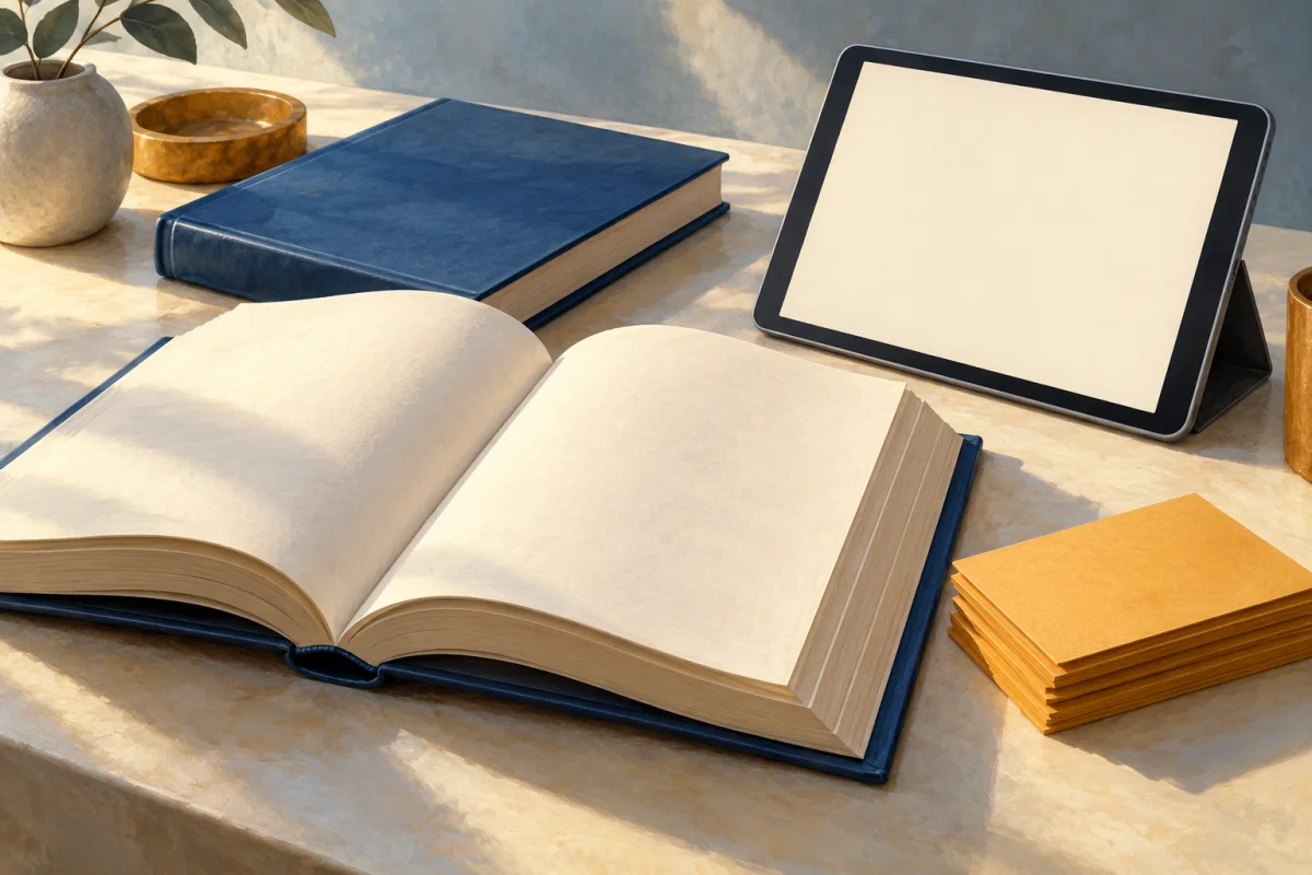 Libros, tableta y fichas como distintos soportes de las fuentes que se registran en la bibliografía