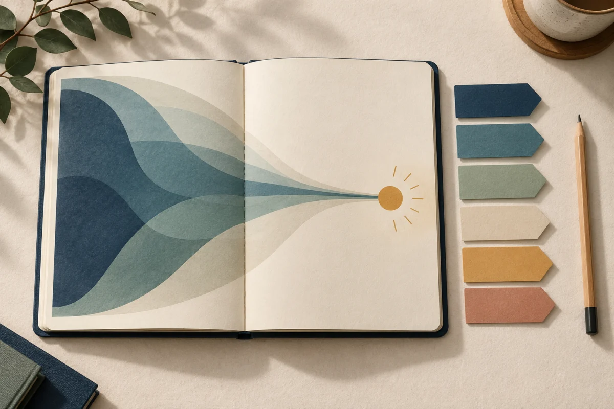 Ilustración conceptual de un cuaderno que pasa de un contexto amplio a un foco de investigación, junto a seis pestañas
