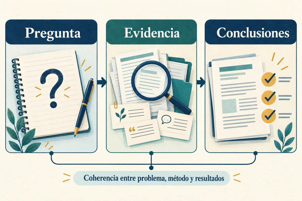Esquema de coherencia entre la pregunta de investigación, la evidencia y las conclusiones de una tesis