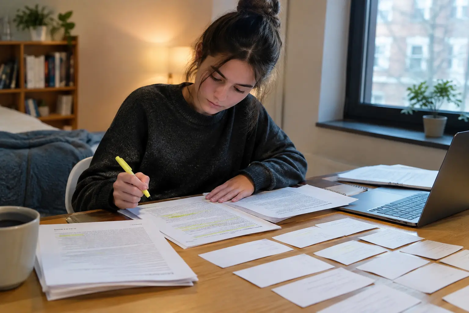Estudiante de Psicología organizando artículos científicos subrayados y fichas para los antecedentes de su tesina