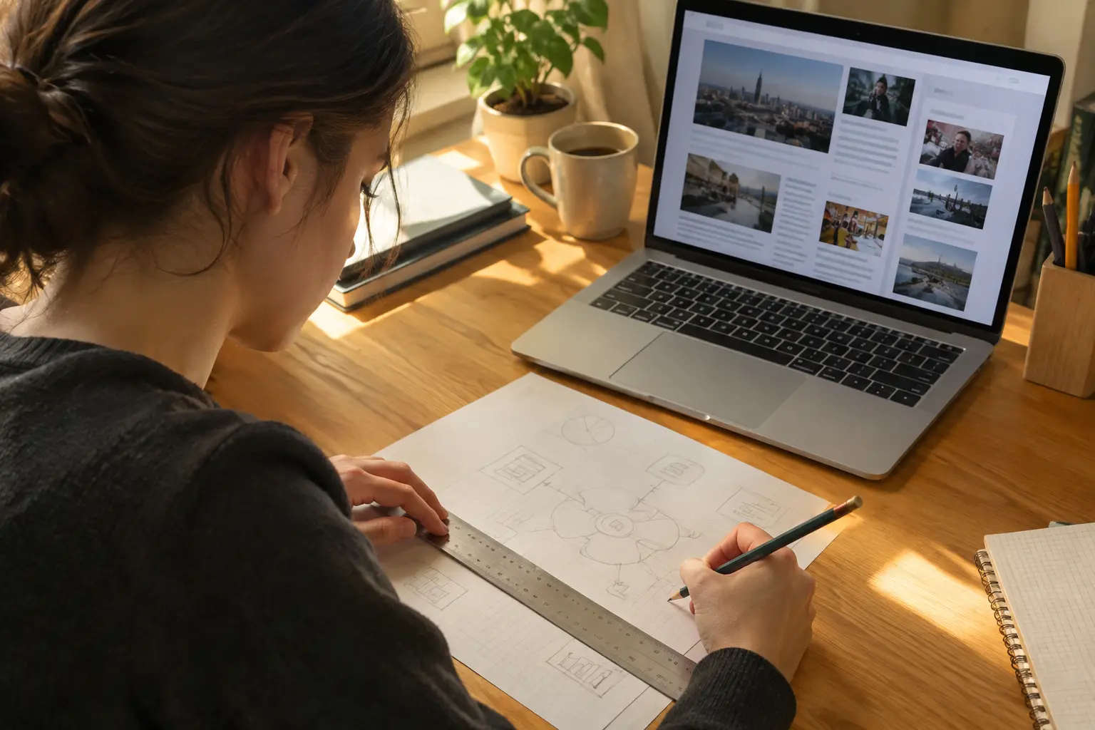 Estudiante dibujando a mano un diagrama conceptual junto a una laptop con páginas de noticias
