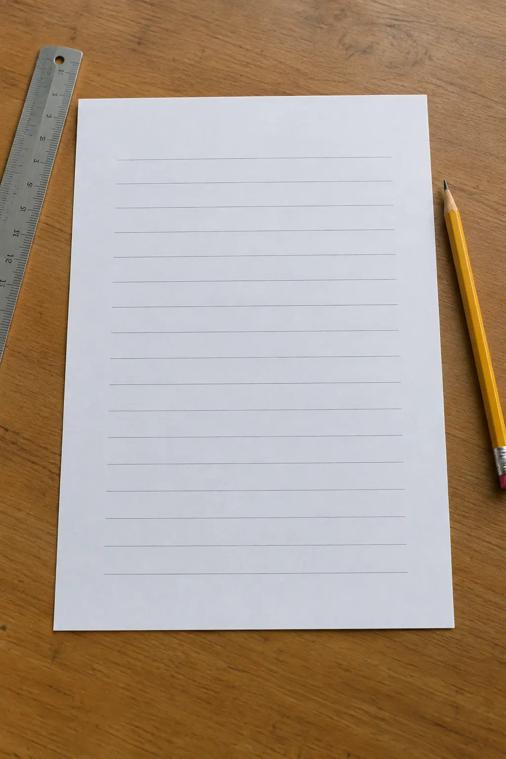 Documento impreso a doble espacio con los márgenes marcados con regla y lápiz sobre un escritorio