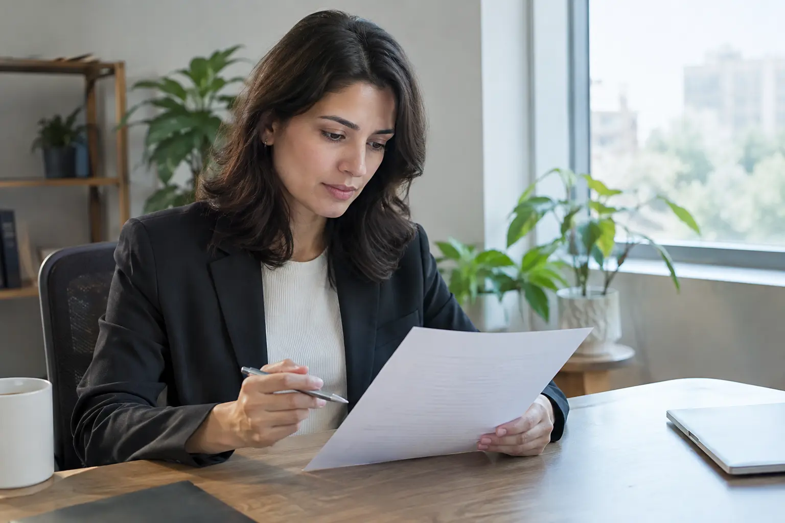 Profesional de Recursos Humanos revisando un cuestionario impreso de satisfacción laboral en su escritorio