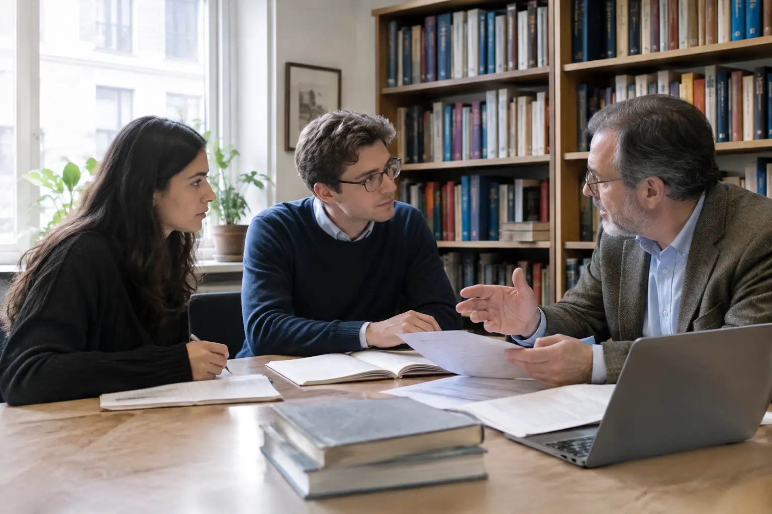 Estudiantes de Derecho conversando con su director de tesis en una oficina de la facultad