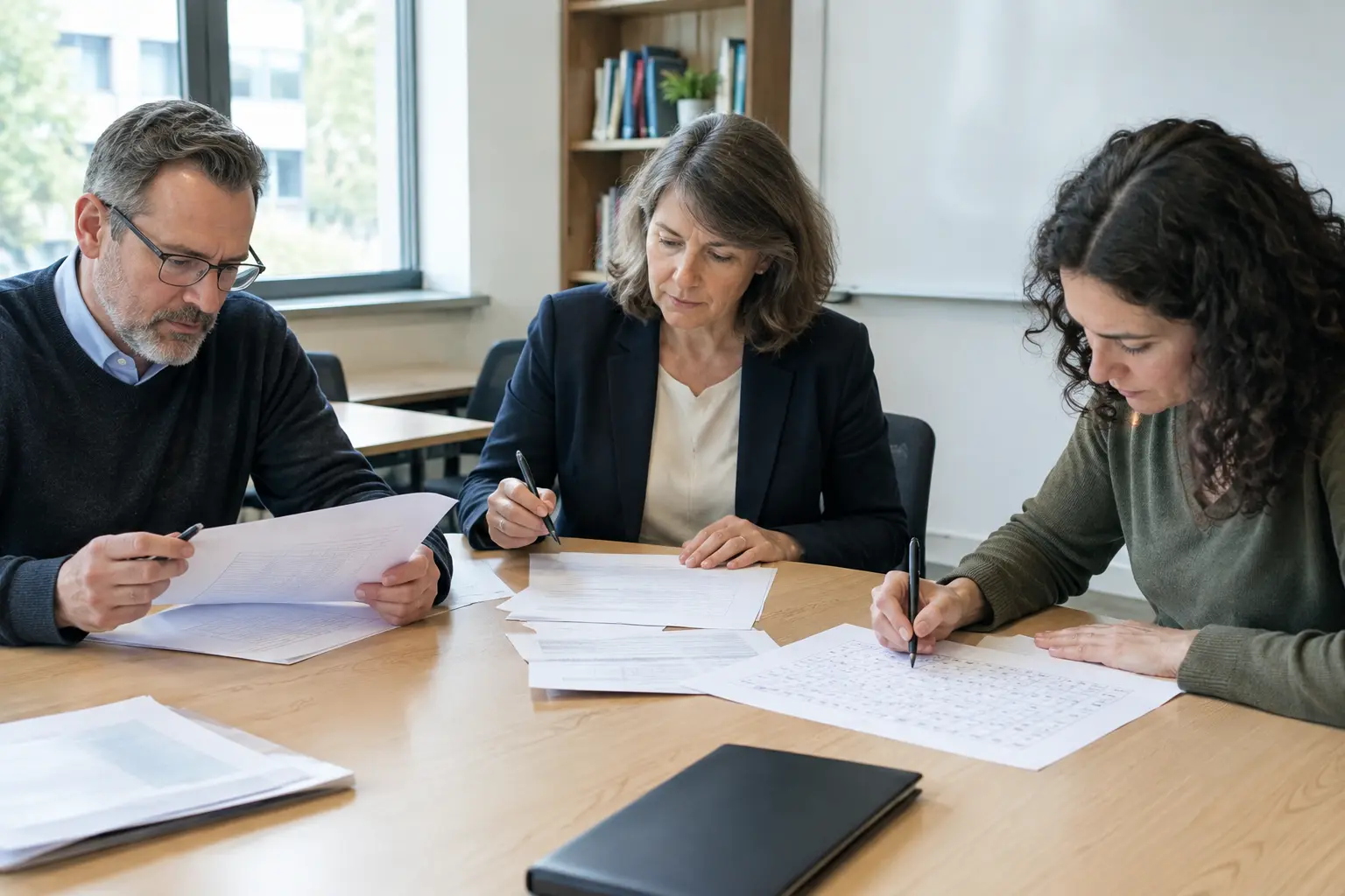 Tres docentes universitarios evaluando las hojas de un cuestionario en una reunión de juicio de expertos